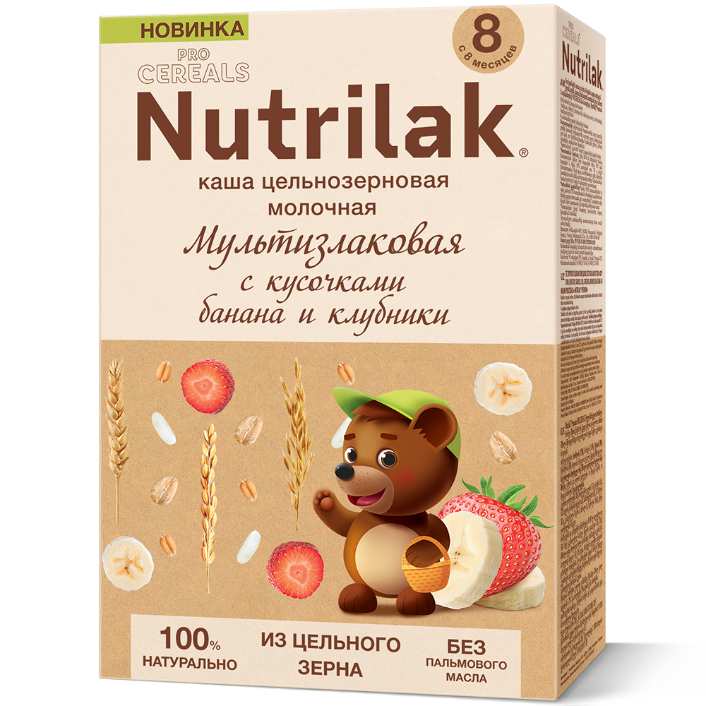 Детская каша молочная цельнозерновая Nutrilak мультизлаковая с кусочками банана и клубники 